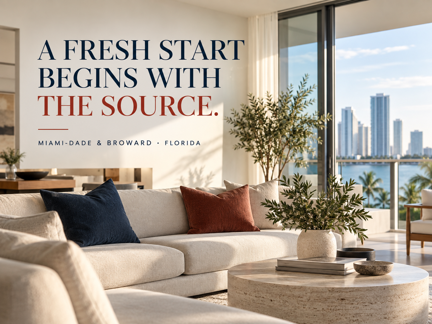 Sunlit South Florida living room. A fresh start begins with the source. Miami-Dade and Broward, Florida.